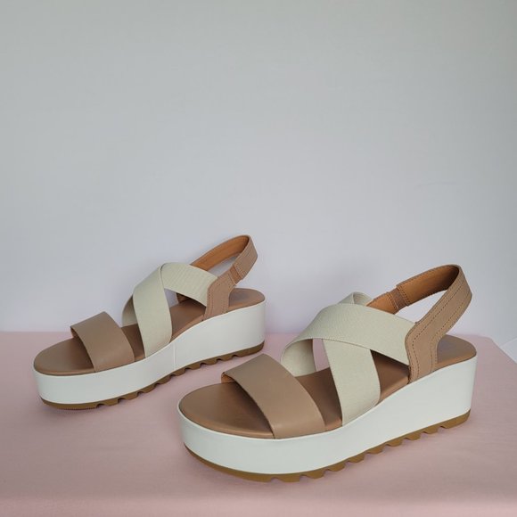 SOREL Cameron Flatform Slingback Leather/Fabric Sandals-Honest Beige/Chalk Size9 - Picture 10 of 16